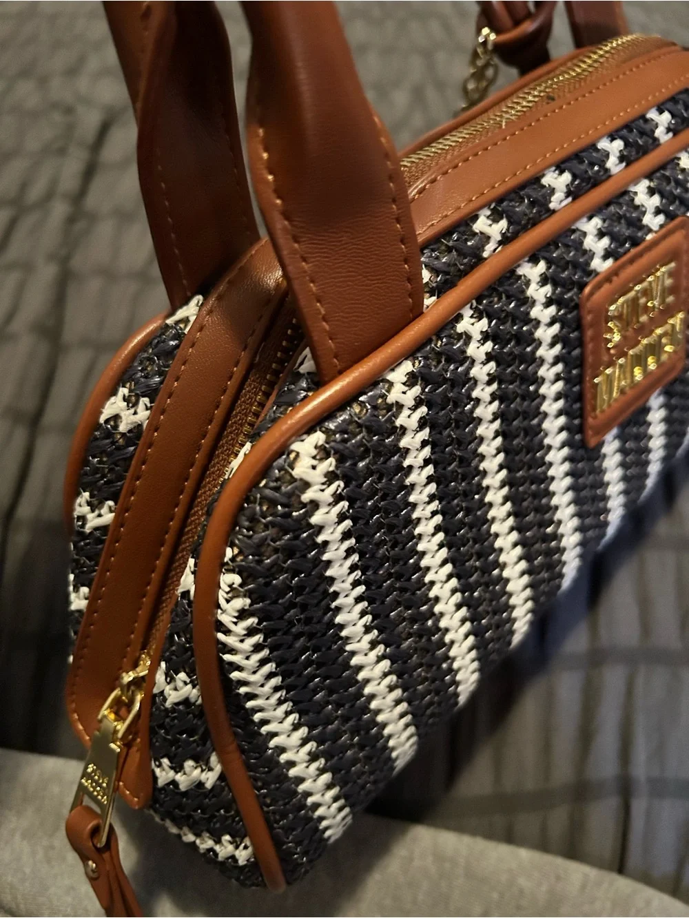Steve Madden Black & White Striped Shoulder Bag with Brown Trim